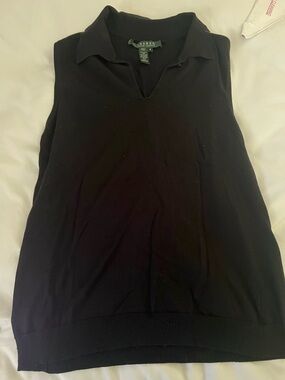 Lauren Ralph Lauren Black Sleeveless Polo Knit Top Silk Knit M